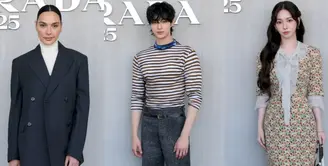 Gal Gadot tampil preppy dengan oversized jas hitam yang dipadukan turtleneck putih dan mini skirt abu-abu. Penampilannya dilengkapi dengan sepatu pantofel Prada hitam. [Dok/Prada]